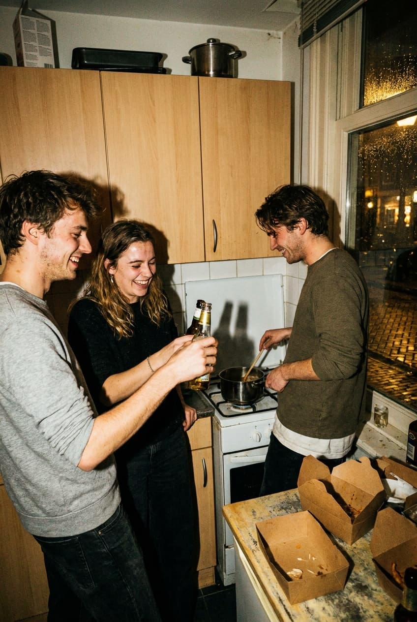 Vrienden koken en lachen in een kleine keuken 's avonds